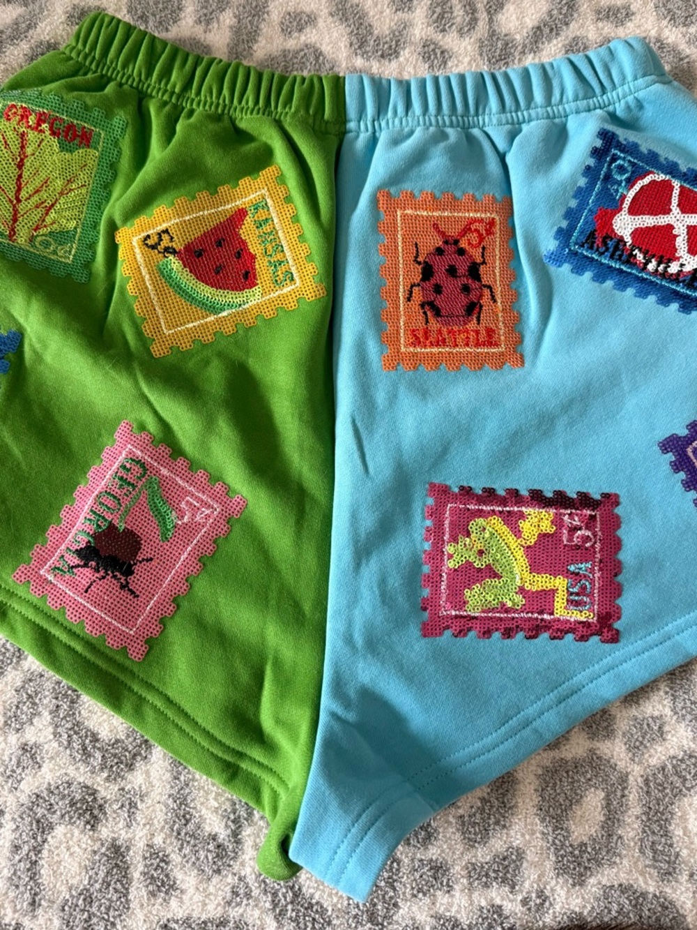 QUEEN OF SPARKLES Green and Light Blue Stamp Patchwork Shorts